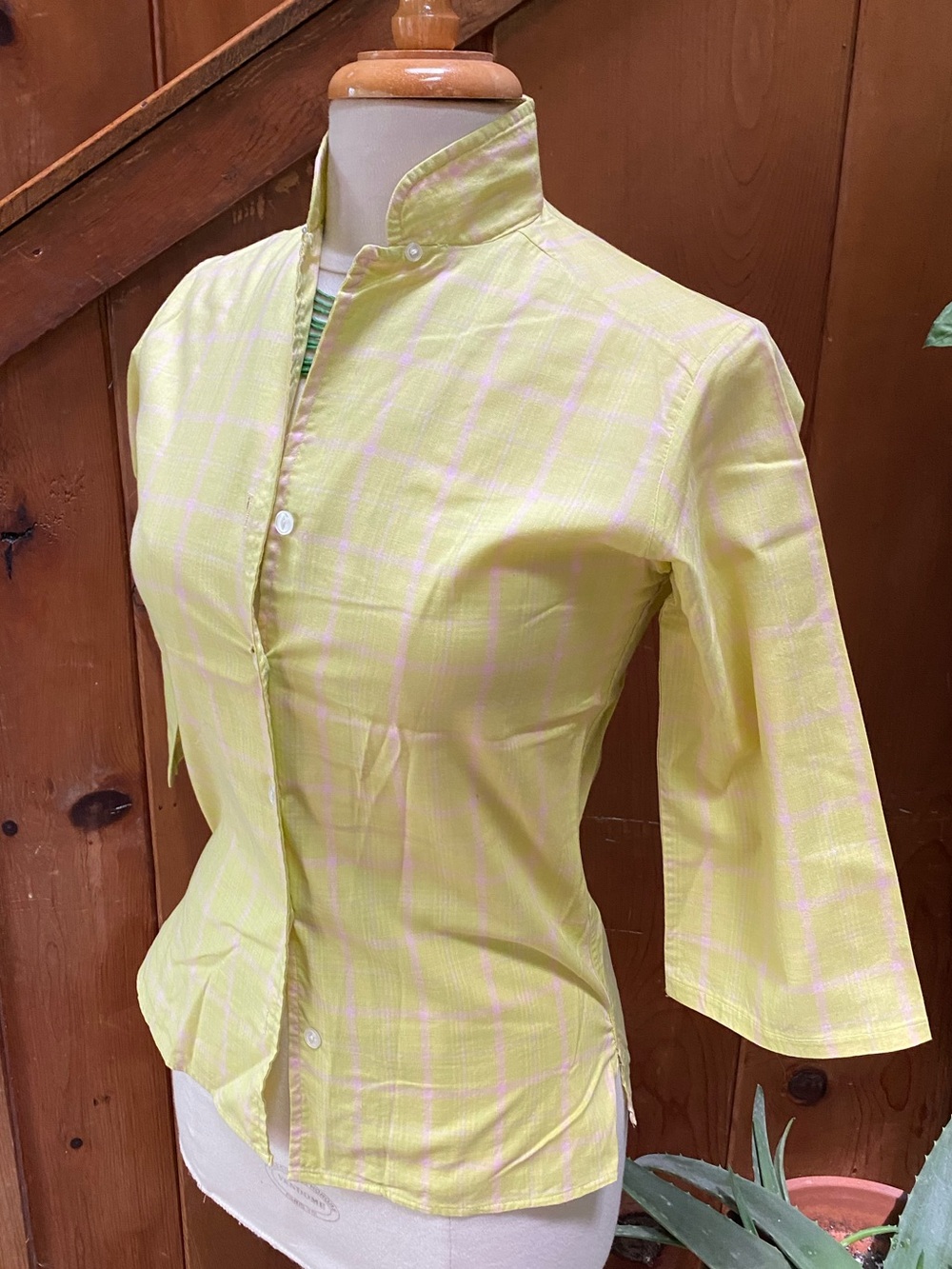 Vintage Citrine Plaid Button Up Shirt with Bell 3/4 Sleeves